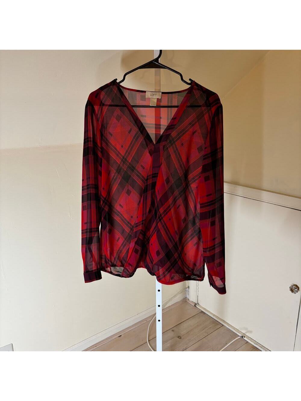 Loft EUC Women's Sheer Red Plaid Faux Wrap Blouse Size L